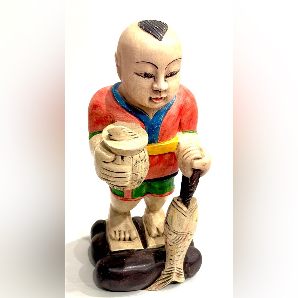 Home Decor Asia Wooden Statue 11.4 Waterboy Hand Carved Art Vintage Luxury